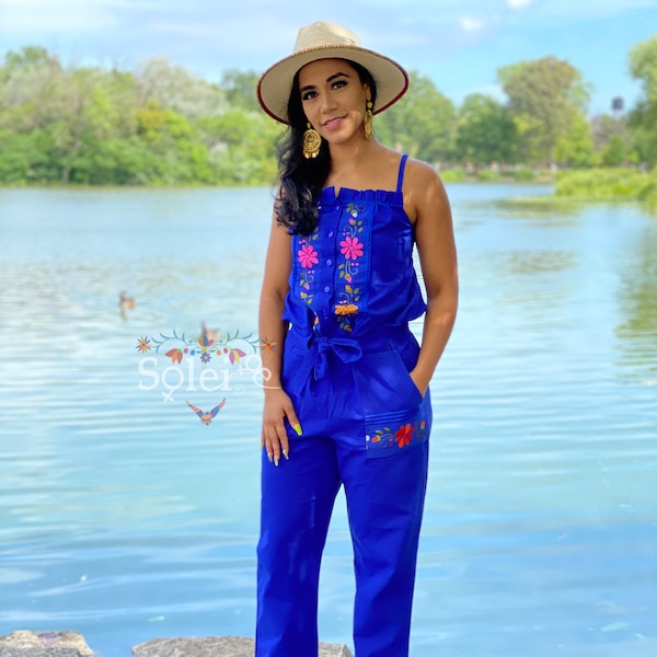 Mexican Floral Jumpsuit. Spaghetti Strap Jumpsuit. Hand Embroidered Romper. Traditional Mexican Jumpsuit. Button-Up Jumpsuit.