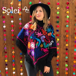 Hand Embroidered Mexican Poncho. Multicolor Poncho. Southwestern Style. Ethnic Style Poncho. Bohemian Poncho.