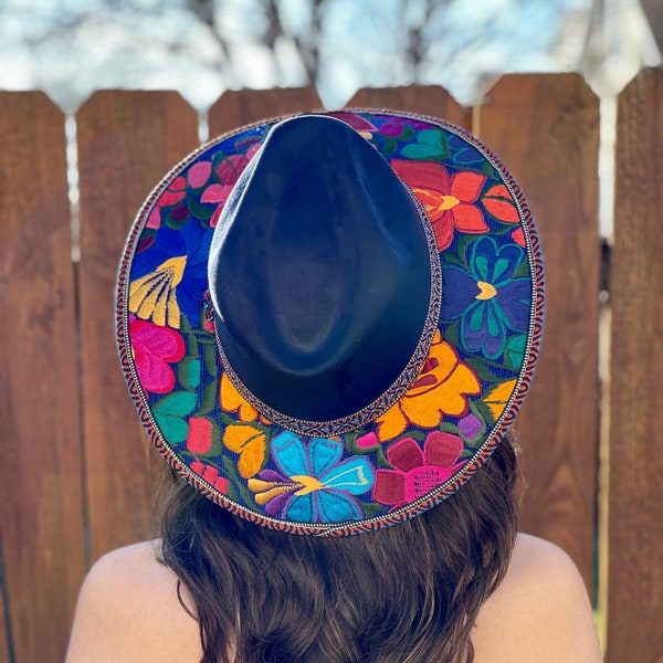 Mexican Artisanal Hat. Embroidered Mexican Hat. Colorful Suede Hat. Traditional Mexican Sombrero.Floral Embroidered Fedora.Mexican Style Hat
