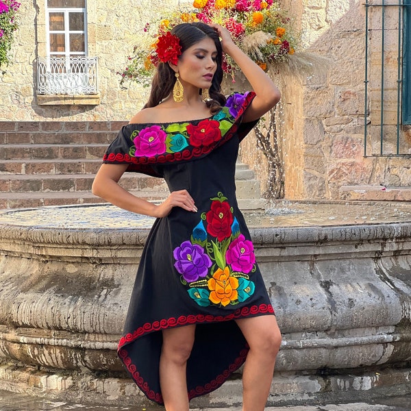 Mexican Asymmetrical Dress. Size S - 2X. Floral Embroidered Dress. Traditional Mexican Dress. Artisanal Mexican Party Dress. Latina Style.