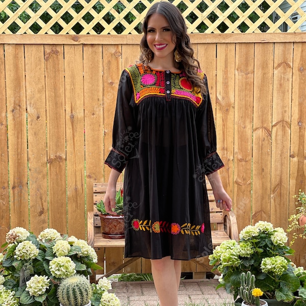 Mexican Embroidered Black Dress