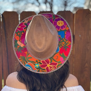 Mexican Artisanal Hat. Embroidered Mexican Hat. Colorful Suede Hat. Traditional Mexican Sombrero.Floral Embroidered Fedora.Mexican Style Hat