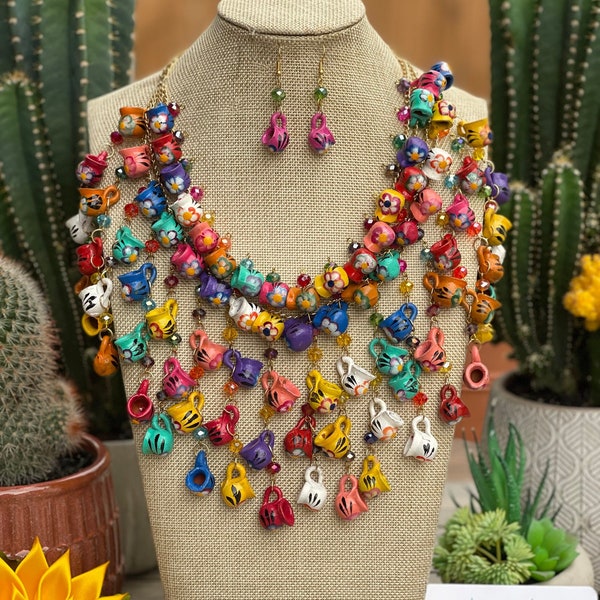 Mexican Jewerly Set. Traditional Little Ceramick Jar Necklace & Earrings. Handmade Jewelry.Mexican Party Jewerly. Artisanal Jewerly Set.