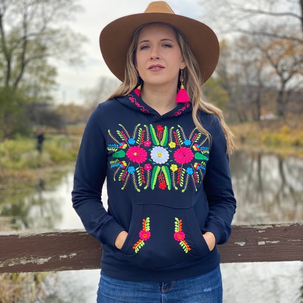 Mexican Floral Sweatshirt. Artisanal Sweatshirt Made in Mexico.Embroidered Hoodie.Pullover.