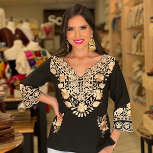 Mexican Floral Embroidered Blouse. Size S - 3X. Gold Embroidered Mexican Blouse. Latina Style Formal Blouse. Hippie-Boho. Plus Size Top.