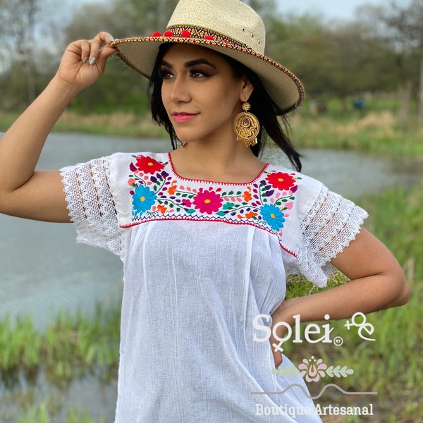 Embroidered Mexican Blouse. Size S - 4X. Colorful Hand Embroidered Blouse. Lace Sleeve Floral Blouse. Traditional Mexican Shirt.