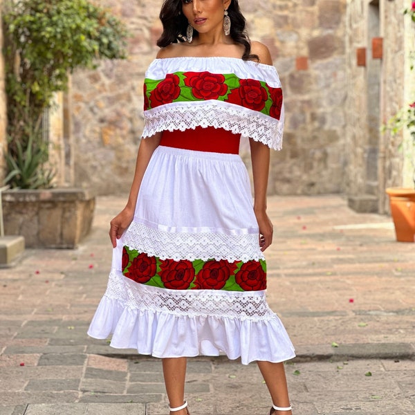 Mexican Traditional Dress. Floral Embroidered Dress. Mexican Fiesta Dress. Lace Trim Off the Shoulder Dress.