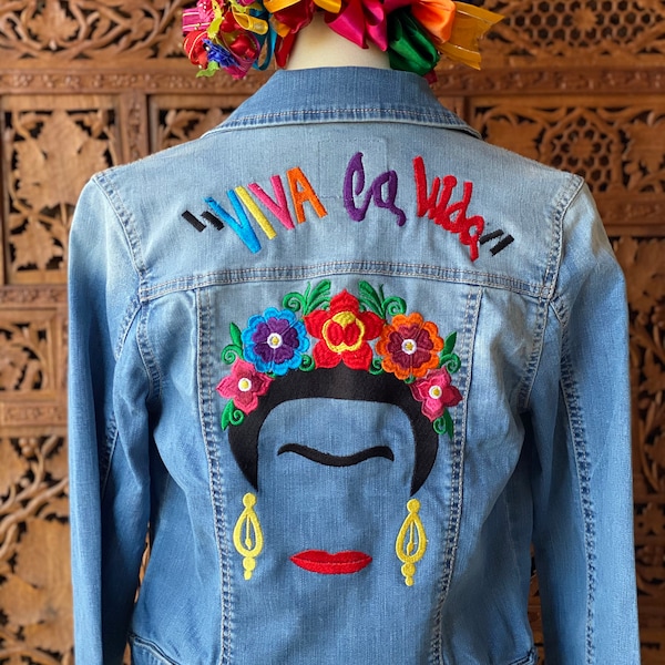 Embroidered Frida Kahlo Jean Jacket. Mexican Artisanal Denim Jacket. Viva la Vida Embroidered Jean Jacket. Frida Kahlo Style.