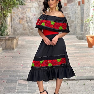 Mexican Traditional Dress. Floral Embroidered Dress. Mexican Fiesta Dress. Lace Trim Off the Shoulder Dress.