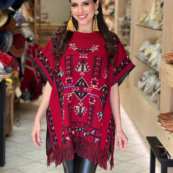 Artisanal Mexican Poncho. Unisex Mexican Poncho. Multicolor Poncho with Fringe. Traditional Mexican Poncho. Mexican Sweater Poncho.