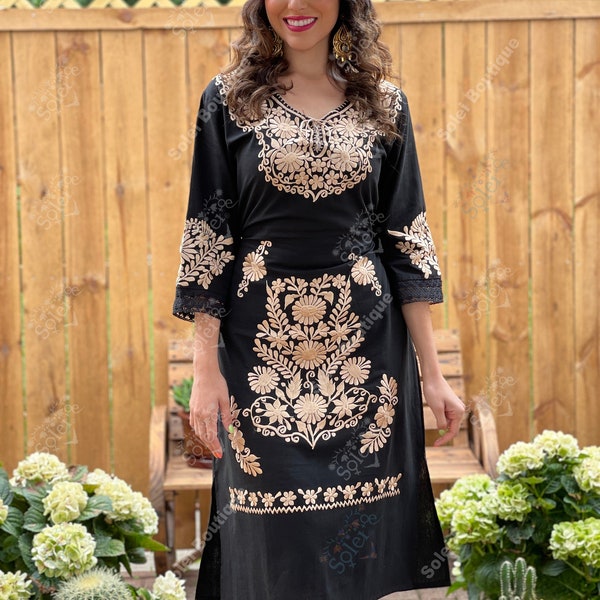 Mexican Long Dress.  Size S - 3X. Artisanal Dress. Mexican Party Dress. Black with Golden Embroidered Mexican Dress.