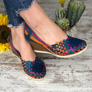 Mexican Wedge Sandal. Mexican Leather Sandal. Miriam Artisanal Heels. Cute Summer Sandal. Mexican Artisanal Huarache. Colorful Wedge Heels.