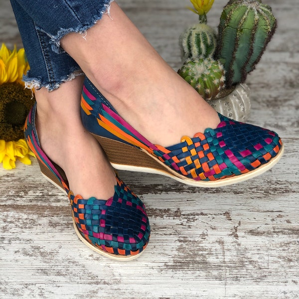 Mexican Wedge Sandal. Mexican Leather Sandal. Miriam Artisanal Heels. Cute Summer Sandal. Mexican Artisanal Huarache. Colorful Wedge Heels.