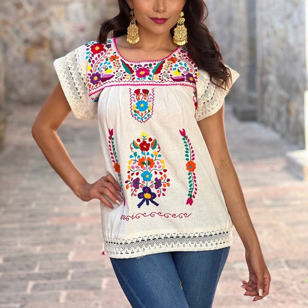 Hand Embroidered Mexican Blouse. Size S - 3X. Traditional Mexican Shirt . Mexican Party. Boho-Hippie Blouse.