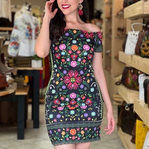Short Floral Print Dress. Form Fitting Dress. Fashion Dress. Mexican Floral Dress. Colorful Floral Dress. Sexy Dress. Mexican Fiesta Dress.