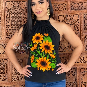 Embroidered Floral Halter Top. Sunflower Halter Top. Embroidered Mexican Top. Artisanal Mexican Blouse. Floral Blouse. Fashion Mexican Top.