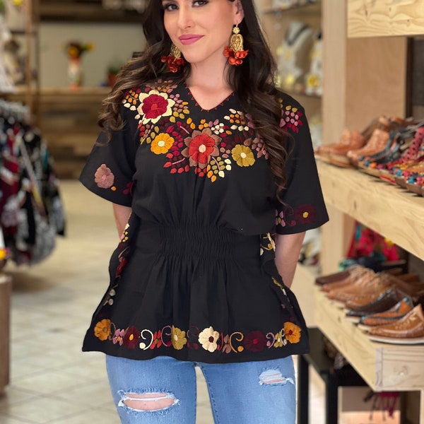 Floral Hand Embroidered Mexican Peplum Blouse. Traditional Mexican Top. Butterfly Cut Mexican Style Top. Latina Style Blouse.