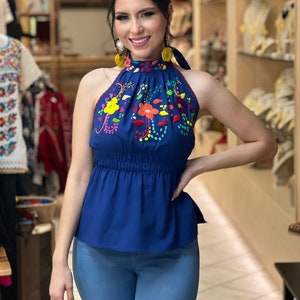 Embroidered Floral Halter Top. Hand Embroidered Mexican Top. Artisanal  Floral Halter Top. Fashion Mexican Top. Typical Mexican Blouse.