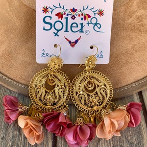 Mexican Round Filigree Earrings. Gold Plated Filigree. Silk Flower Earrings. Dangle Earrings. Traditional Mexican Earrings.