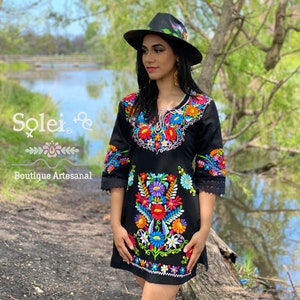 Mexican Kimono Dress.Size S-3X.  Mexican Floral Dress. Colorful Embroidered Dress. Formal Dress.Frida Kahlo Dress.Little Black Dress