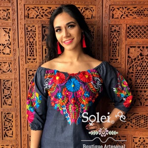Blusa Mexicana de Mezclilla. Hecho en Mexico. Estilo Frida | Etsy España