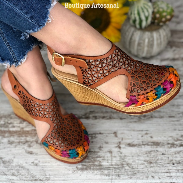 Mexican Wedge Sandal. All sizes Boho-Hippie Vintage. Mexican Leather Sandal. Artisanal Heels. Cute Summer Sandal. Mexican Artisanal Huarache