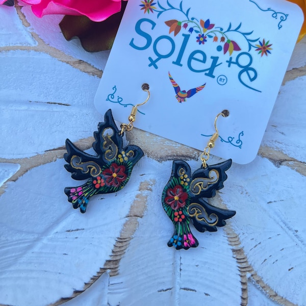 Hand Painted Artisanal Earrings. Dangle Earrings. Mexican Floral Earrings. Boho Chic Earrings. Traditional Mexican Jewelry. Gifts for her.