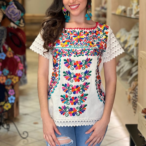 Mexican Floral Embroidered Blouse. Size S - 3X. Traditional Mexican Blouse. Artisanal Blouse. Floral Otomi Mexican Embroidered Blouse.