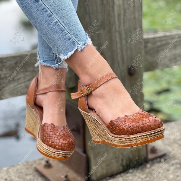 Mexican Leather Wedge Heels. All sizes Boho-Hippie Vintage. Mexican Artisanal Shoes.  Mexican Leather Heels. Leather Heels with Buckle.