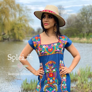 Mexican Colorful Embroidered Denim Dress. Size S - 3X.  Beautiful Traditional Dress.  Women’s Mexican Dress.