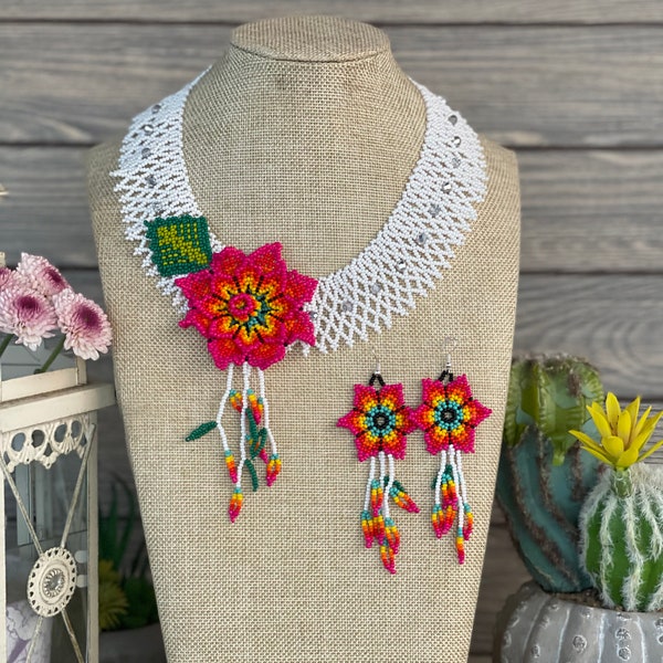 Beaded Floral Choker Necklace. Floral Mexican Necklace. Traditional Mexican Necklace. Handmade Jewelry Set.Necklace, Bracelet & Earrings Set