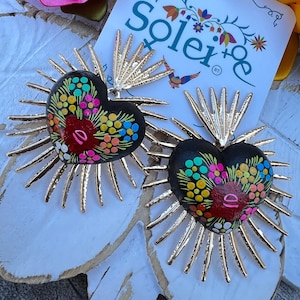 Hand Painted Artisanal Earrings. Heart Earrings. Mexican Floral Painted Earrings. Mexican Earrings. Traditional Mexican Jewelry.