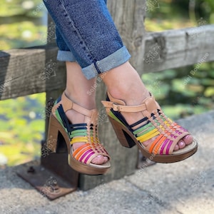 Mexican Heel Sandal. All Size Boho- Hippie Vintage Heels. Mexican Leather Sandal. Mexican Artisanal Huarache. Colorful Block Heels.