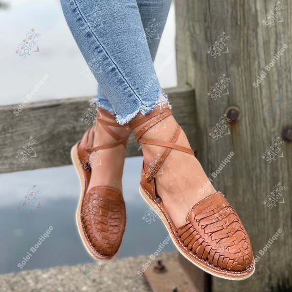 Lace Up Mexican Sandals. All sizes Boho-Hippie Vintage. Mexican Woven Leather Flats. Mexican Huaraches. Summer Mexican Sandals.