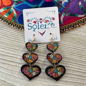 Hand Painted Artisanal Earrings. Dangle Earrings. Mexican Heart Earrings. Mexican Earrings. Traditional Mexican Jewelry. Gifts for her.