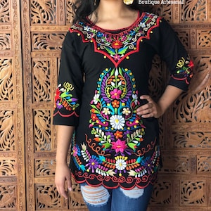 Colorful Floral Mexican Blouse. Plus Size Embroidered Blouse. 3/4 Sleeve Blouse. Hippie-Boho. Free Shipping.