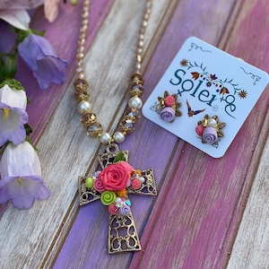 Mexican Cross Necklace & Earrings Set. Pearl Necklace. Floral Jewelry Set. Handmade Cold Porcelain Clay Jewelry. Artisanal Mexican Jewelry.
