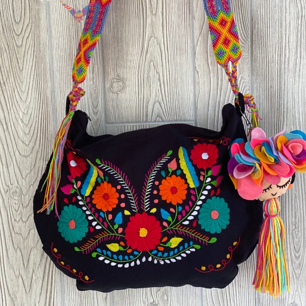 Traditional Embroidered Bag with Tassels. Mexican Morral Bag. Hand Embroidered Floral Bag.Hand Knit Strap. Colorful Mexican Bag.Floral Purse