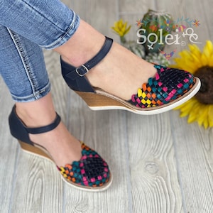Mexican Leather Wedge Heels. All sizes Boho-Hippie Vintage. Mexican Artisanal Shoes.  Mexican Leather Heels. Leather Heels with Buckle.
