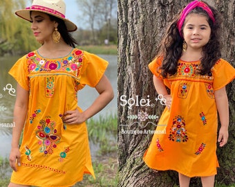Mommy and Me Mexican Artisanal Dress. Floral Embroidered Dress. Kids Traditional Dress. Mexican Party Dress. Mother- Daughter Matching Dress