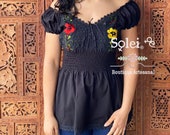 Floral Babydoll Top. Mexican Plunge Blouse. Floral Hand Embroidered Top. Off the Shoulder Blouse. Mexican Artisanal Blouse.