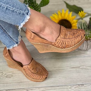 Mexican Wedge Sandal. All Size Boho Hippie Vintage. Mexican Leather Sandal. Summer Sandal. Mexican Traditional Heels. Leather Wedge Heels. image 1