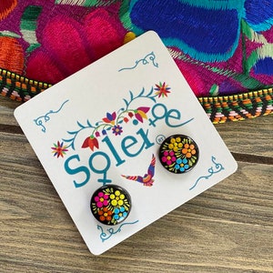 Hand Painted Artisanal Earrings. Round Stud Earrings. Mexican Floral Earrings. Mexican Earrings. Traditional Mexican Jewelry. Gifts for her.