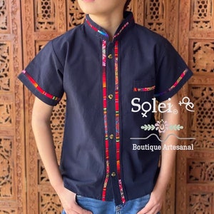 Boys Mexican Traditional Shirt. Guayabera for Boys. Boys Button Up Shirt. Collared Shirt. Traditional Style. Free Shipping. Navy Blue