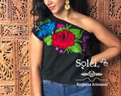One Shoulder Embroidered Mexican Blouse. Floral Mexican Huipil. Colorful Floral Blouse. Frida khalo. Hippie-Boho. Mexican Fiesta.