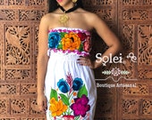 Floral Strapless Dress. Mexican Strapless Dress. Floral Embroidered Dress. Tube Top Dress. Traditional Mexican Dress. Belt Included.