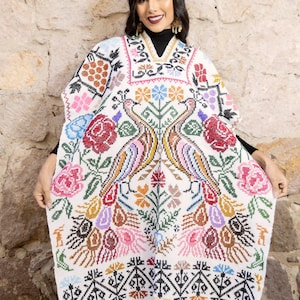 Poncho Mexicano Artesanal Cuerpo Completo. Poncho Tipico Bordado a Mano. Gaban Artesanaal Mexicano. Poncho con Franjas. Jorongo Pavo Real.
