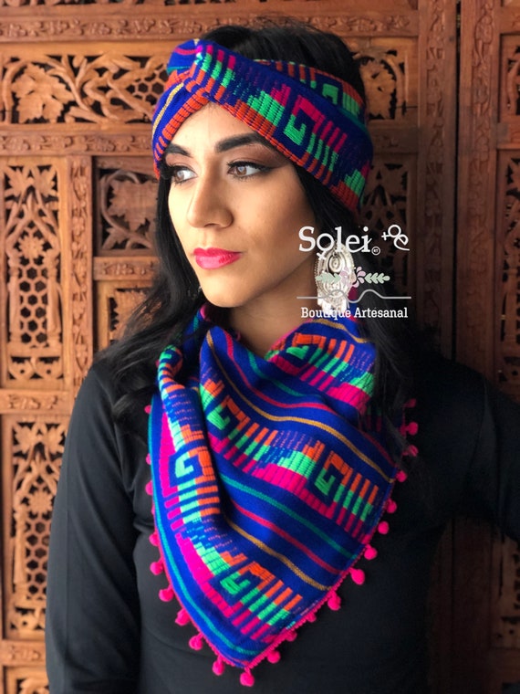 SoleiEthnic Turban Headband and Matching Scarf. Mexican Artisanal Head Wrap and Scarf. Colorful Headband and Scarf in Traditional Mexican cloth.