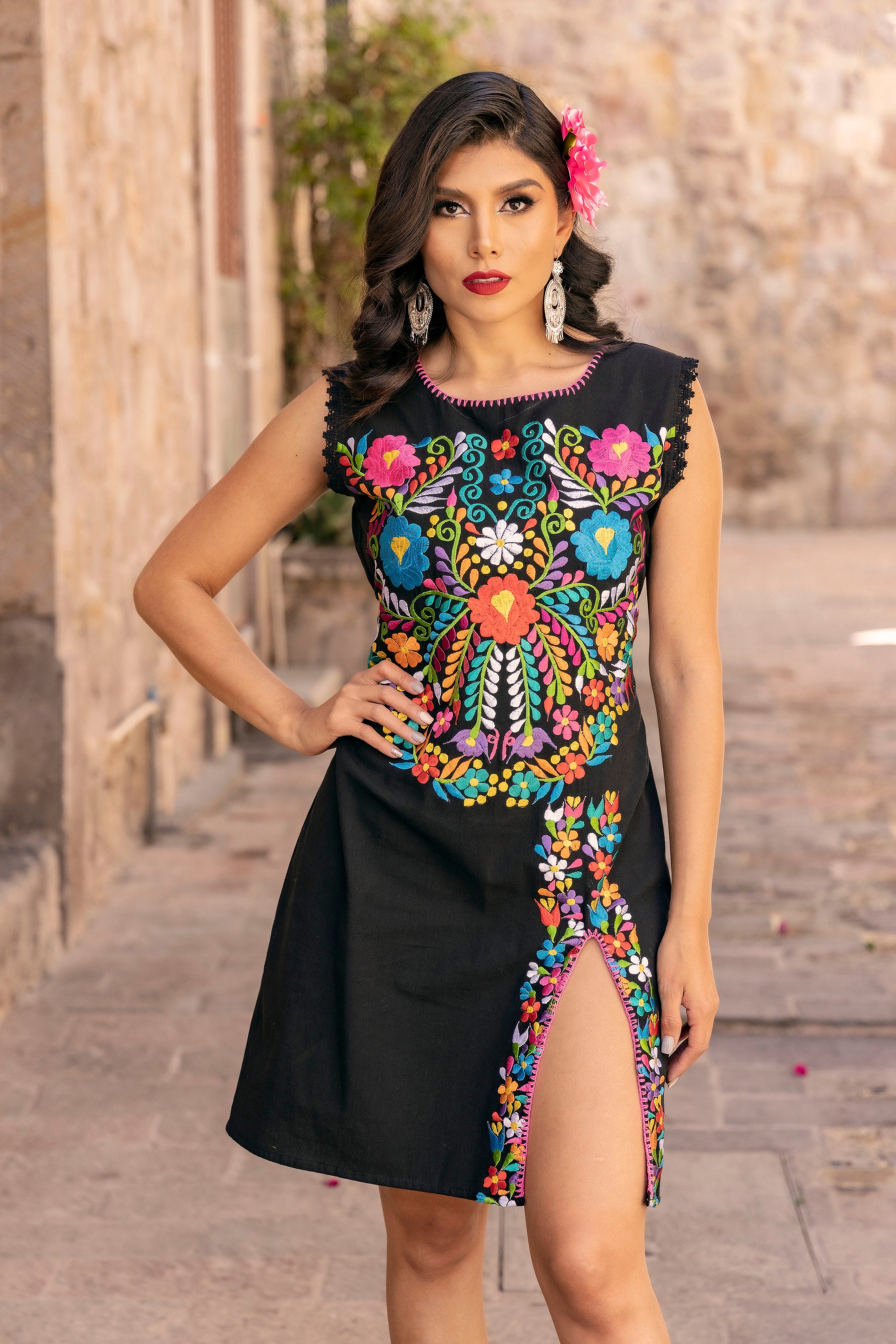 Robe Femme Bohème – Style Ethnique Mexicain – Broderie, Manches Bouffantes – Tissu Coton – Longueur Maxi – Neuf Avec étiquettes