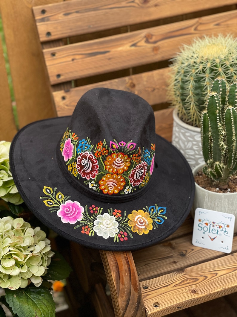 Artisanal Mexican Hand-Painted Hat Suede Black 603723